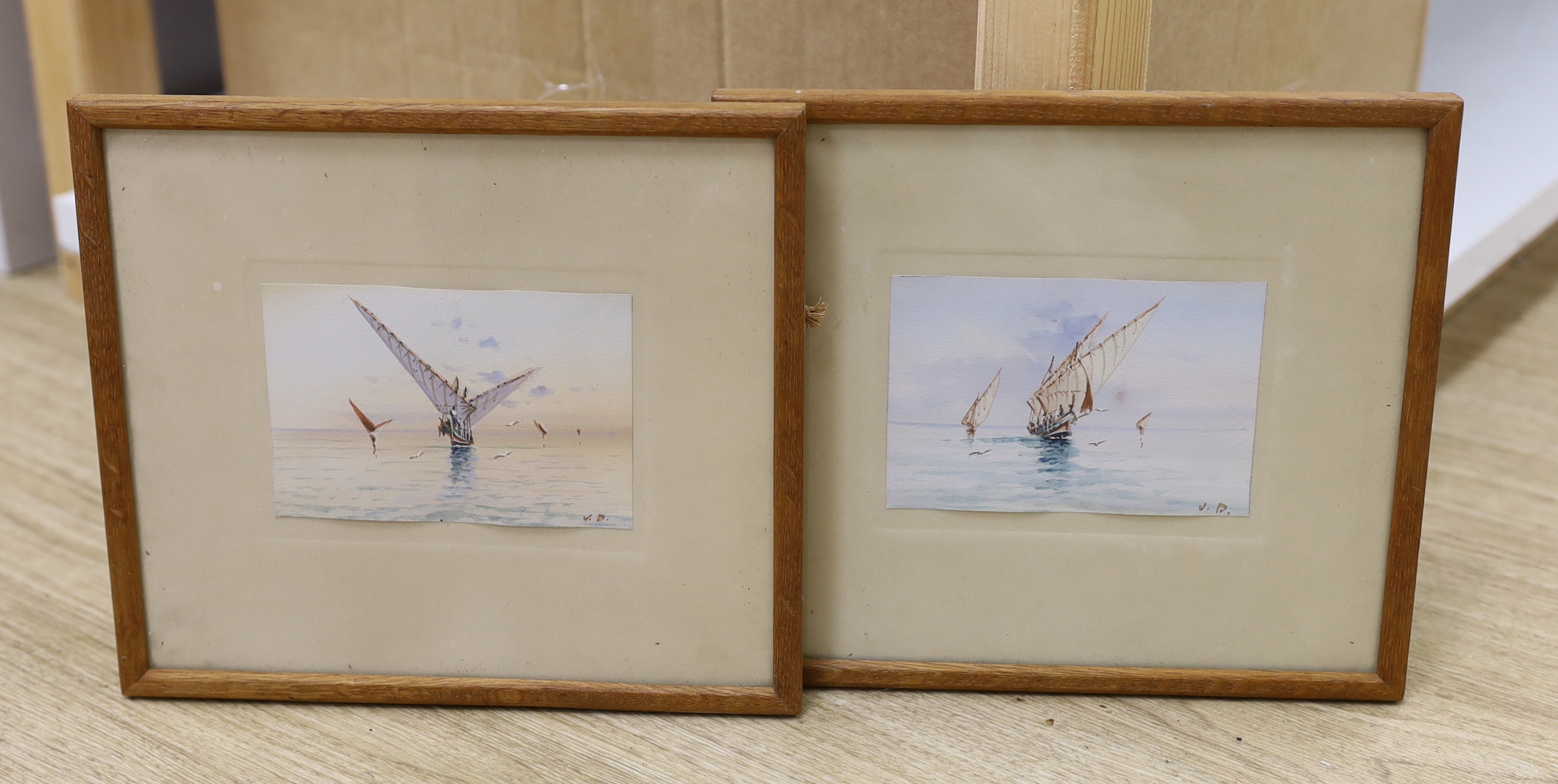 Vincenzo D'Esposito (Maltese, 1886 -1946), two gouaches, fishing boats at sea, both initialled VD, 8 x 11.5cm